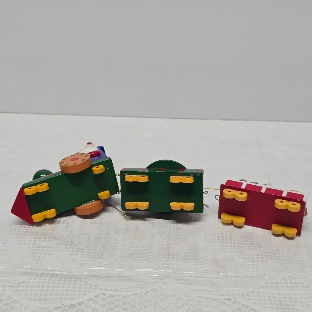 Vintage 80s Wooden Christmas Train Ornaments Set Of 3 Holiday Retro Santa